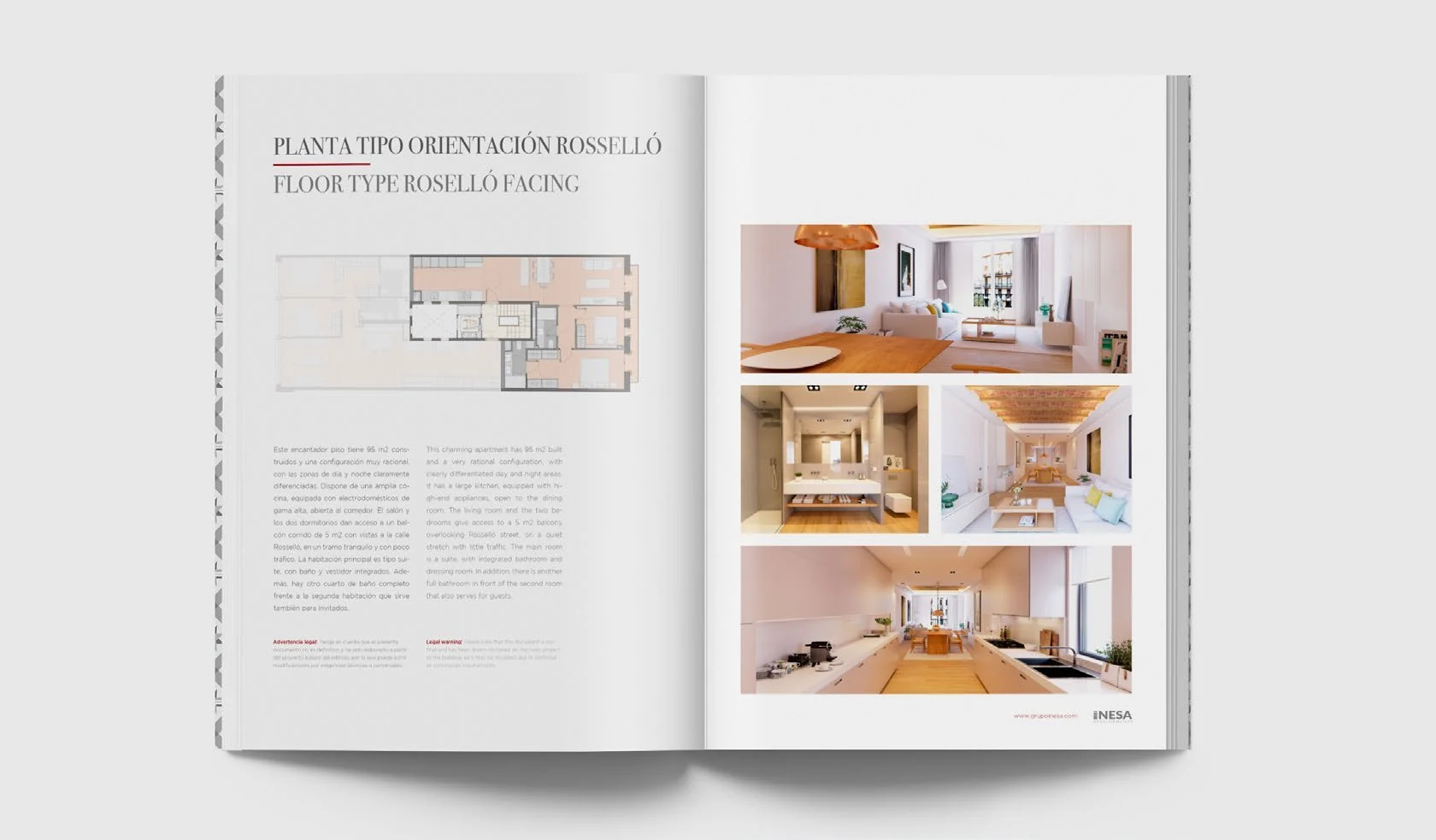 Doble página del catálogo de arquitectura INESA con tipografía, planos y fotografías de interiores