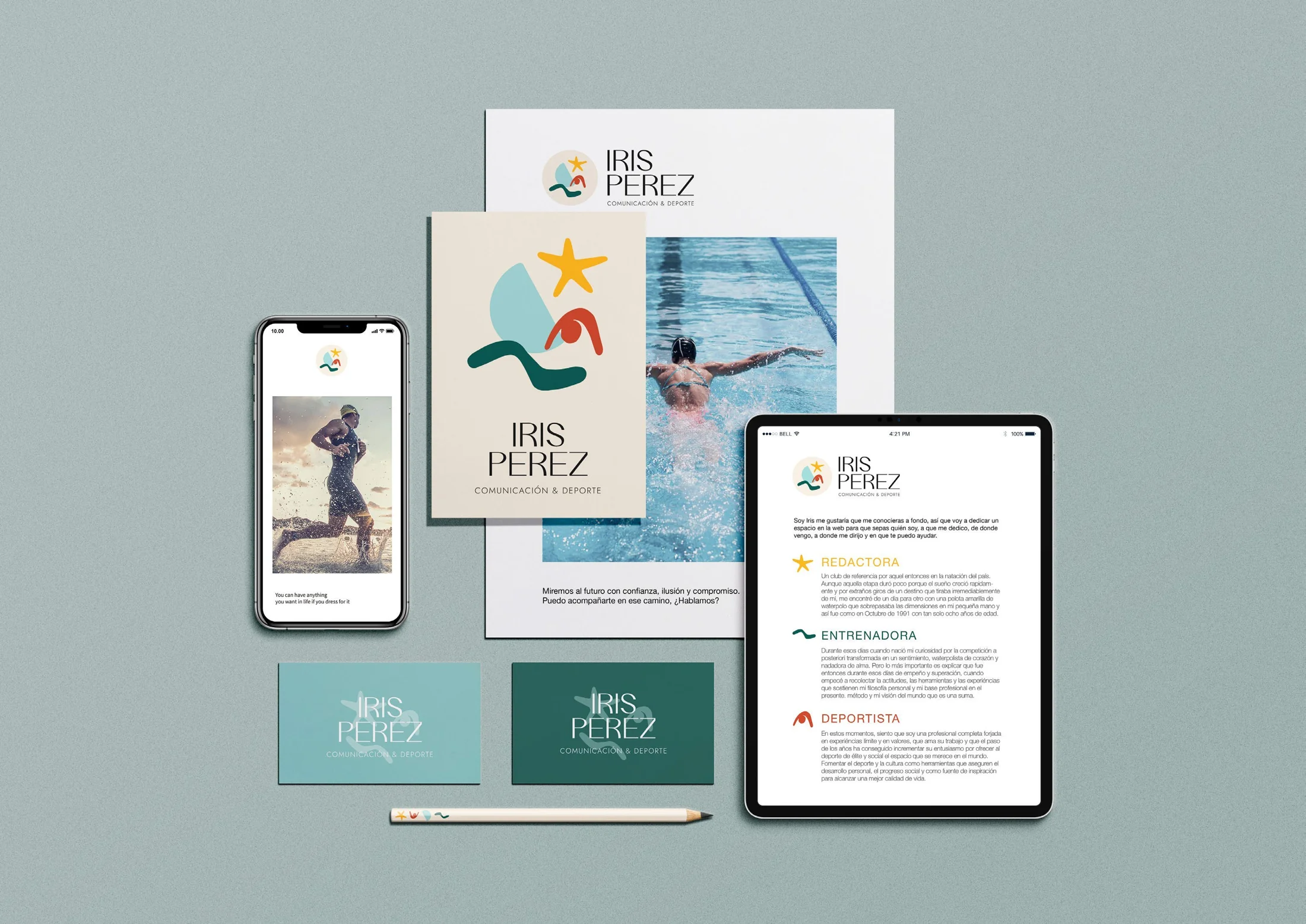 Papelería, tarjetas y aplicaciones digitales de la identidad Iris Pérez
