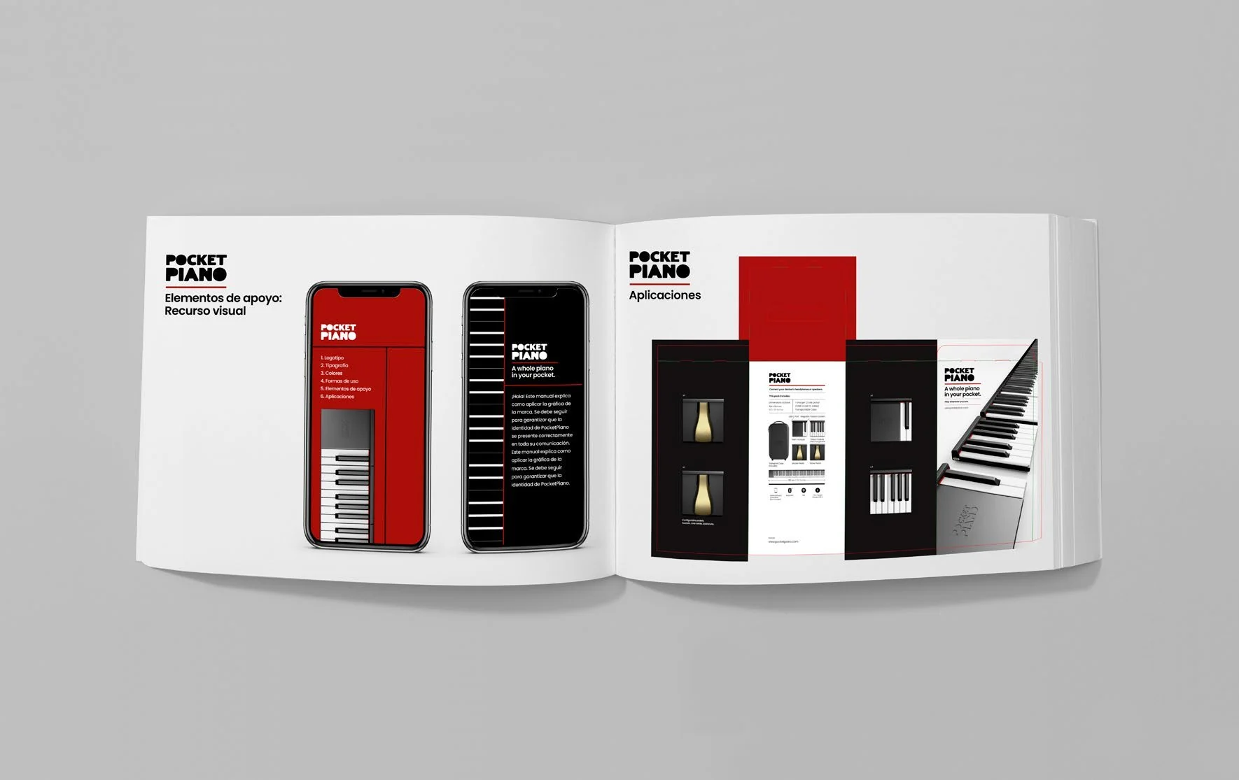 Catálogo Pocket Piano con las aplicaciones de marca en móvil y packaging